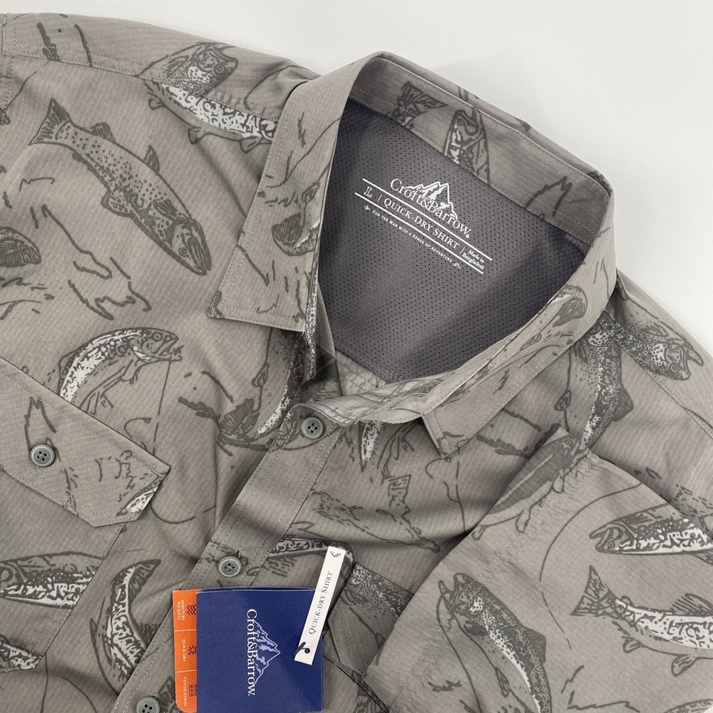 NEW Croft Barrow Shirt Mens Large Gray Trout All Over‎ Print Vent Fish Quick Dry